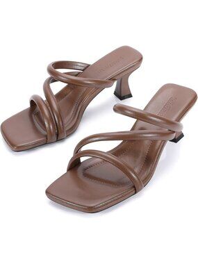 Women's Brown Square Toe Kitten Heel Sandals Comfortable Open Toe Shoes Low Heel